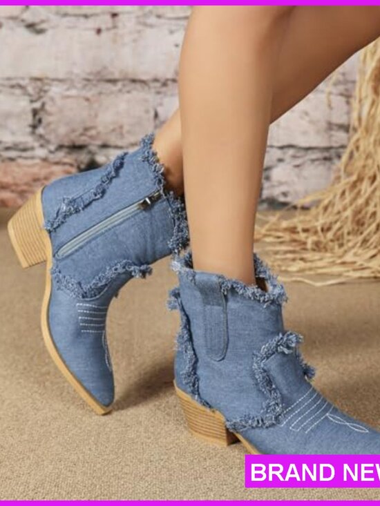 Denim Western Ankle Boots with Embroidery Chunky Heel Pointed Toe Side Zipper - Picture 6 of 7